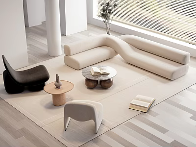 Modern Beige Curved Sofa Coffee Table Combination With Wooden Round Table Black And Gray Chairs 3d model