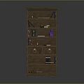 Dark Wooden Bookcase With Multiple Storage Shelves Drawers And Decorative Books Items