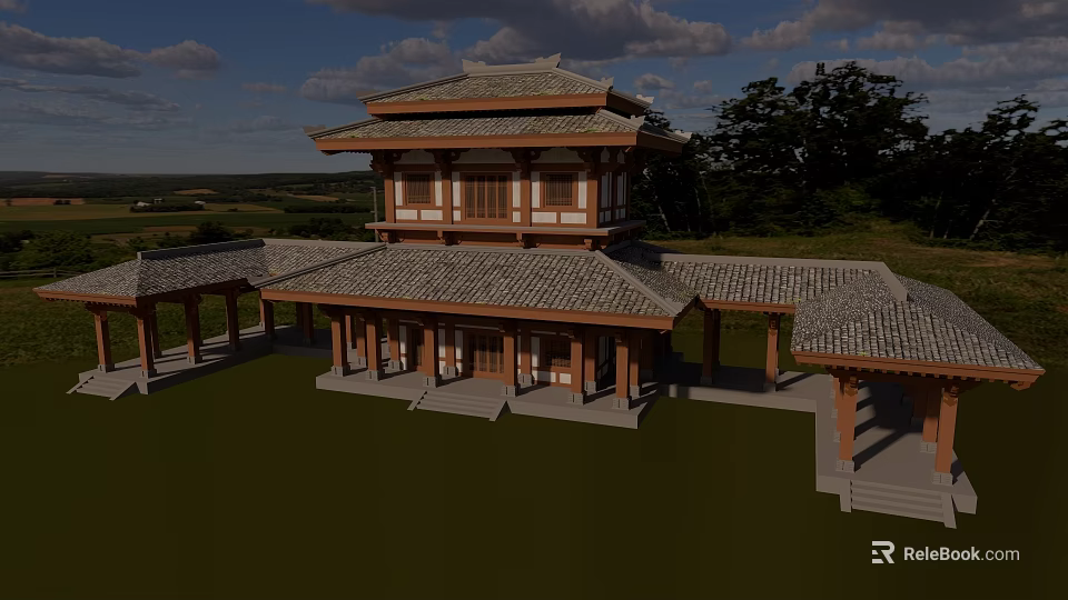 Classic Ancient Architecture Featuring Multi Story Tile Roof And Wooden Structure On Green Lawn 3d model 