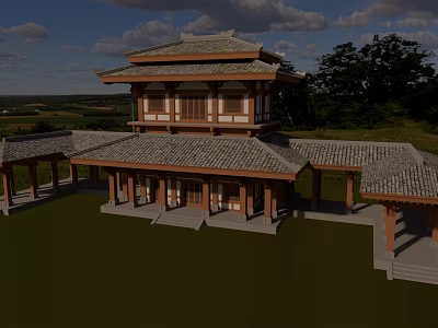 Classic Ancient Architecture Featuring Multi Story Tile Roof And Wooden Structure On Green Lawn 3d model
