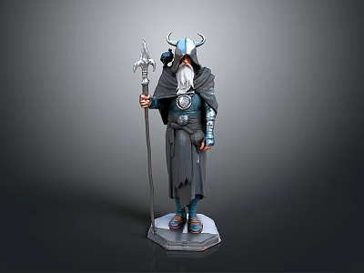Man Wearing Horned Helmet With Long Beard Holding Staff In Dark Robe Standing On Pedestal 3d model