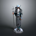 Man Wearing Horned Helmet With Long Beard Holding Staff In Dark Robe Standing On Pedestal