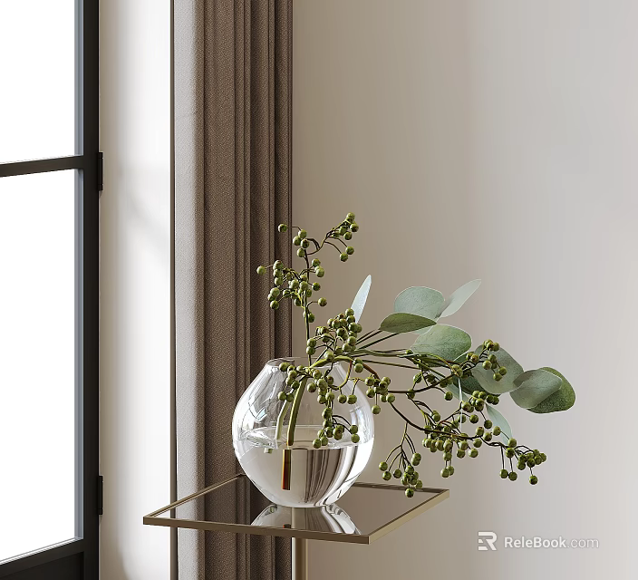 Transparent Glass Vase With Green Eucalyptus Branches On Gold Table By Window 3d model 