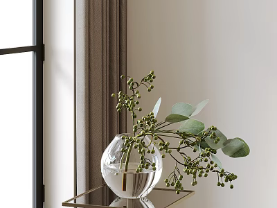 Transparent Glass Vase With Green Eucalyptus Branches On Gold Table By Window 3d model