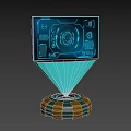 Sci Fi Holographic Projection Device With Blue Interface Control Icons And Orange Brown Base