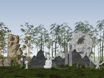 New Chinese style landscape sketch rockery bamboo dry landscape 3d model
