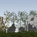 Karesansui Dry Landscape Garden Design With White Buddha Statue Bamboo Rocks And Stone Lantern