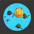 Cute Pink Cartoon Creature With Yellow Mushroom Hat Holding Cane On Platform With Colorful Stones And Grass