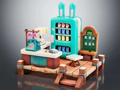 Blue Rabbit Shaped Refrigerator Freezer in Mini Store with Cash Register and Chair 3d model