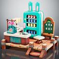 Blue Rabbit Shaped Refrigerator Freezer in Mini Store with Cash Register and Chair