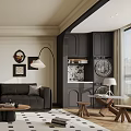Modern Living Room Interior With Dark Sofa Wooden Coffee Table Geometric Rug And Floor Lamp