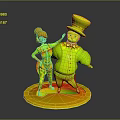 Two Cartoon Characters In Red Outfit Top Hat And Purple Pants Posing On Circular Platform