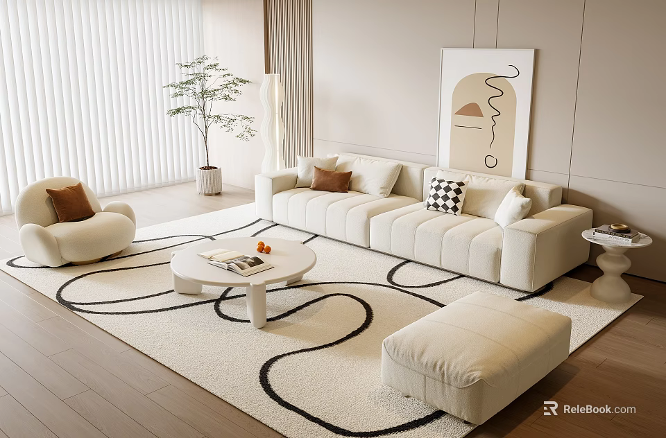 Modern Beige Sofa and Coffee Table Set with Armchair Ottoman Rug Black Patterns Wall Art 3d model 