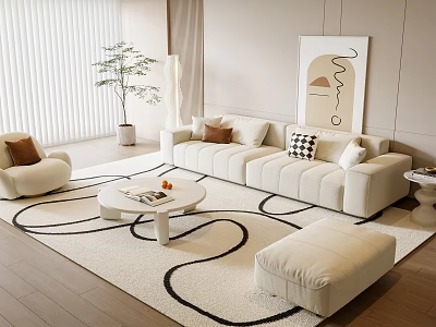 Modern Beige Sofa and Coffee Table Set with Armchair Ottoman Rug Black Patterns Wall Art 3d model
