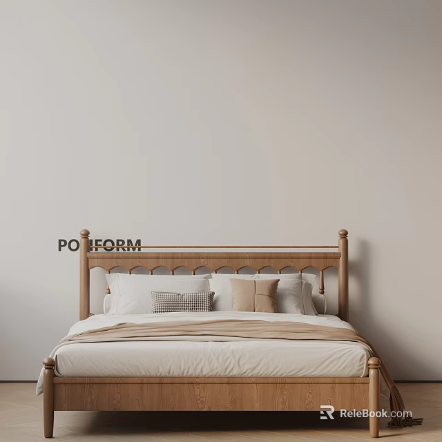 Double Bed With Wooden Headboard Cozy Bedding And Neutral Tones Decorative Pillows 3d model 