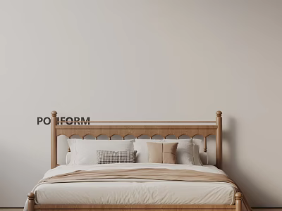 Double Bed With Wooden Headboard Cozy Bedding And Neutral Tones Decorative Pillows 3d model
