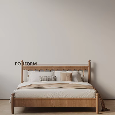 Double Bed With Wooden Headboard Cozy Bedding And Neutral Tones Decorative Pillows 3d model