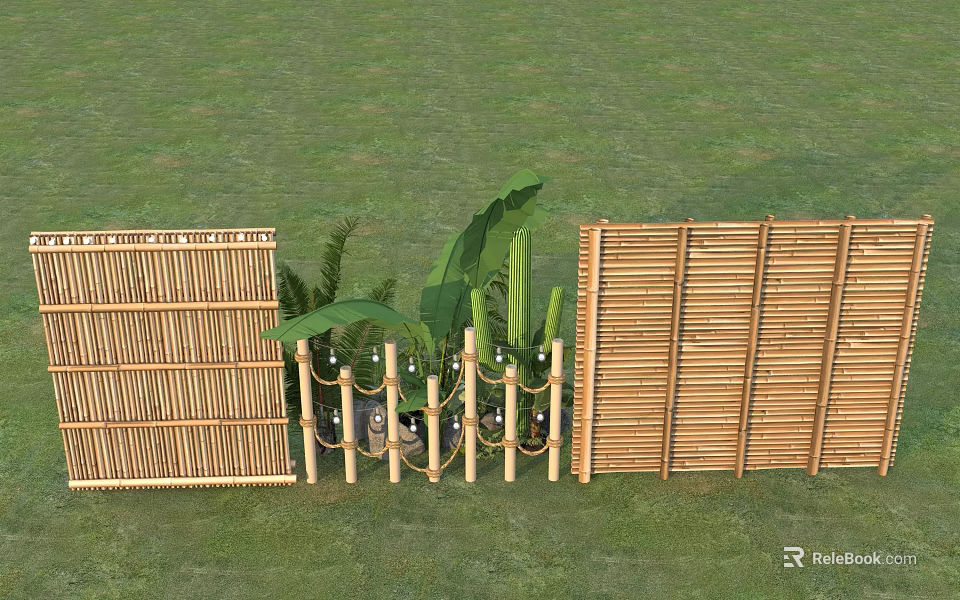Bamboo Fences And Panels With Green Plants In Grass Garden Setting 3d model 