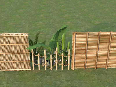 Bamboo Fences And Panels With Green Plants In Grass Garden Setting 3d model