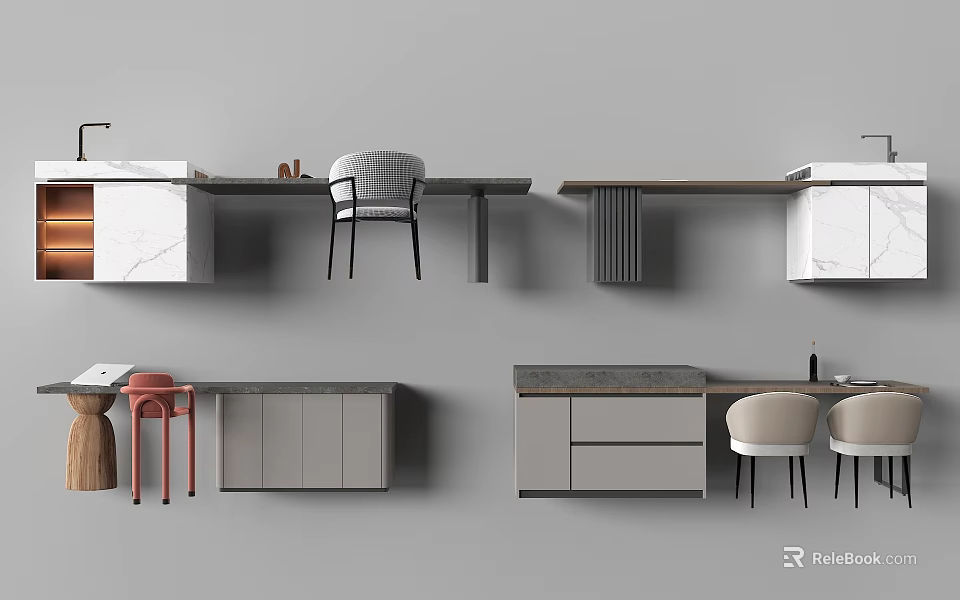 Modern Bar Counter Interior Design With Sleek Stools Cabinets And Stylish Surfaces 3d model