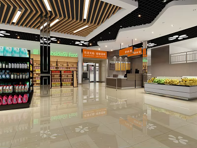 Modern Supermarket Interior With Fresh Fruits Display Shelves Products And Cashier Counter 3d model