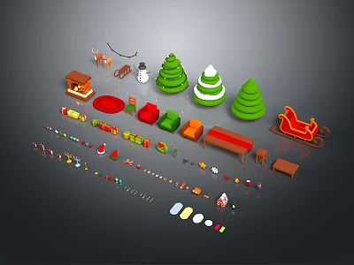 Festive Christmas Trees With Reindeer Sleigh Small House Gift Boxes And String Lights Decorations 3d model