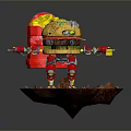 Yellow And Red Hamburger Themed Robot Figure Standing On Rock Platform Holding Yellow Object