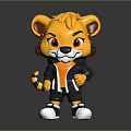 3D Cartoon Lion Character with Yellow Fur Orange Mane Wearing Black Orange Outfit Standing Pose