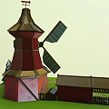 Cartoon Scene Featuring Red Windmill Blue Blades Wooden House Brown Roof Green Grass And Trees