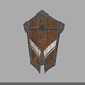 Medieval Weapon Shield With Wooden Body Metal Accents Circular Center And White Wing Patterns