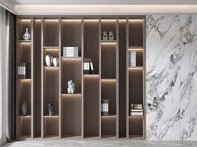 Modern Wooden Bookcase With Shelves Built-in Lighting Displaying Books And Decorative Items Against Marble Backdrop 3d model