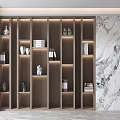 Modern Wooden Bookcase With Shelves Built-in Lighting Displaying Books And Decorative Items Against Marble Backdrop