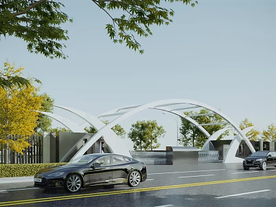 Modern Arched Entrance Gate View With Trees Road Cars And Blue Sky 3d model