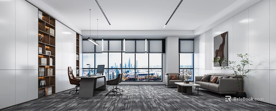 Modern Office Interior Featuring Large Windows City View Desk Computer Sofa Coffee Table Gray Carpet 3d model
