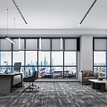 Modern Office Interior Featuring Large Windows City View Desk Computer Sofa Coffee Table Gray Carpet 3d model