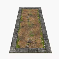 Stone Bordered Rectangular Flower Bed with Grass and Green Plants in Soil 3d model