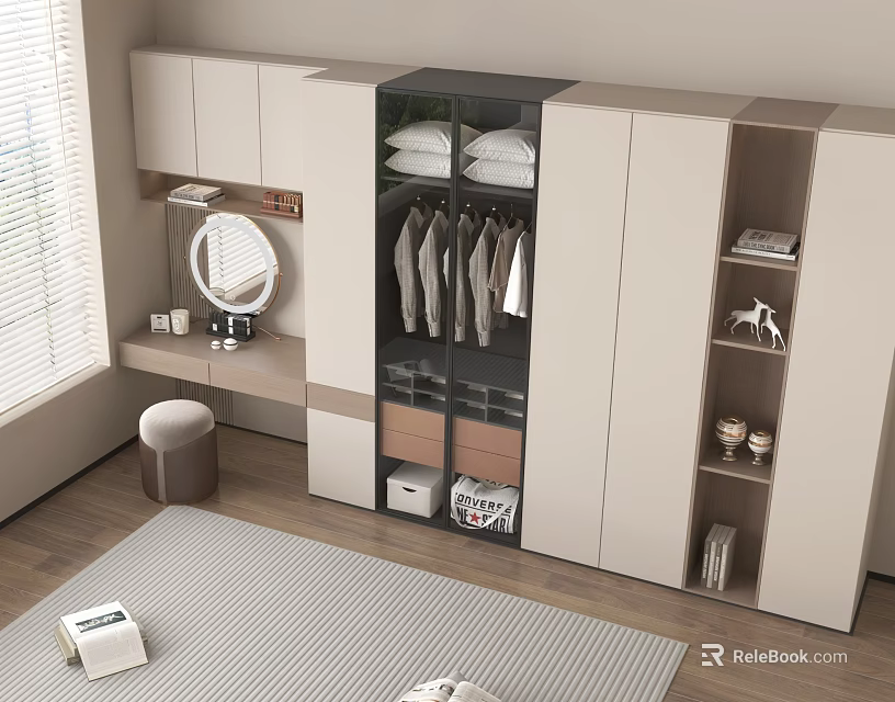 Modern Wardrobe Design with Hanging Space Drawers Open Shelves and Vanity Mirror 3d model 