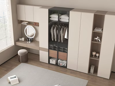 Modern Wardrobe Design with Hanging Space Drawers Open Shelves and Vanity Mirror 3d model