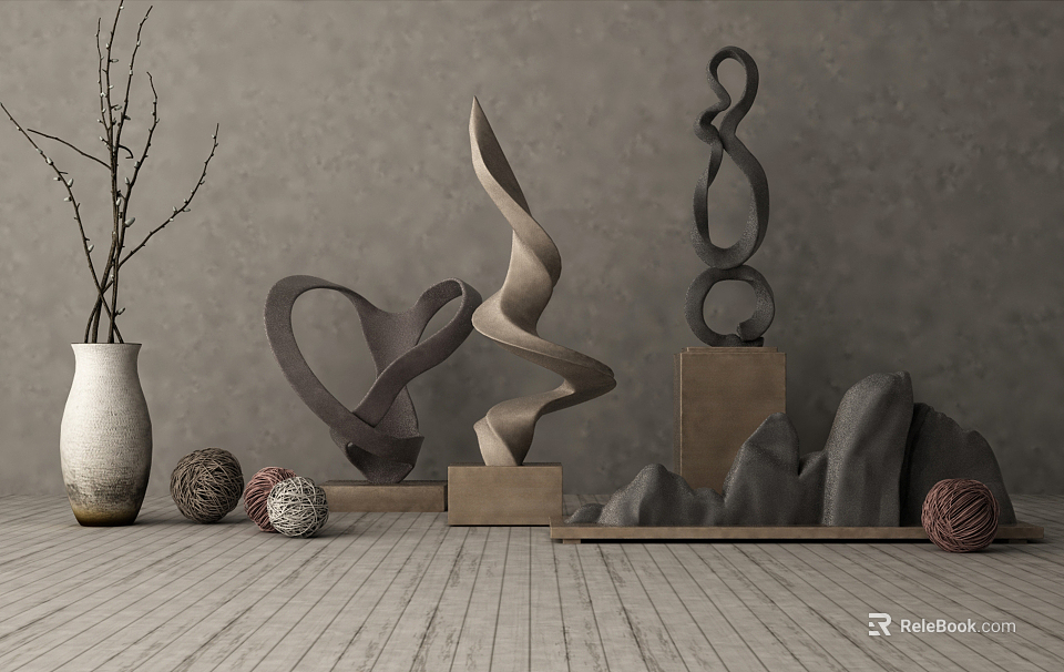 Decorative Ornament Set Including Curved Sculptures Wooden Bases Vase Yarn Balls And Rockery Stones 3d model 