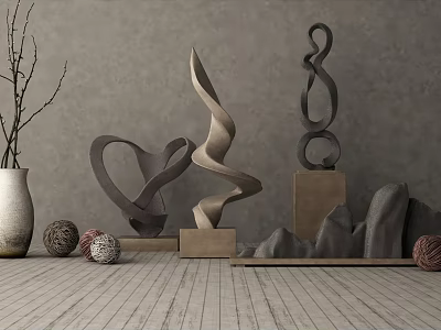 Decorative Ornament Set Including Curved Sculptures Wooden Bases Vase Yarn Balls And Rockery Stones 3d model