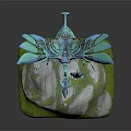 Blue Mythical Winged Creature With Intricate Patterns And Humanoid Character Standing On Rock Platform