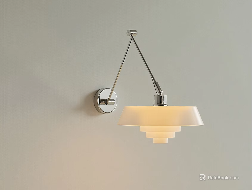 Modern Minimalist Wall Lamp on Light Wall with Silver Bracket and White Multi Layer Lampshade 3d model 