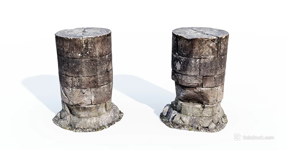 Two Ancient Weathered Stone Pillars With Textured Surfaces And Historical Design 3d model