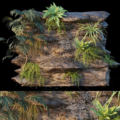 Rock Feature Wall With Lush Green Plants Flowing Water And Natural Stone Texture 3d model