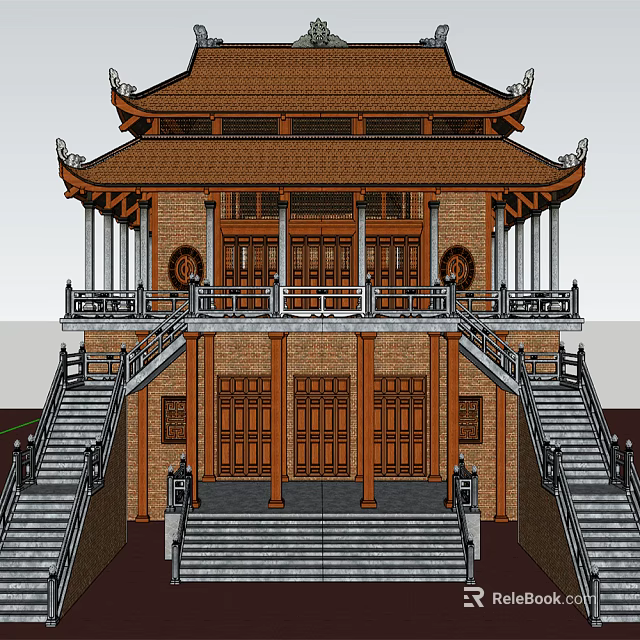 Ancient Chinese Architecture Featuring Gable Hip Roof Upturned Eaves Wooden Carved Doors and Stone Steps 3d model 