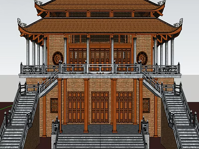 Ancient Chinese Architecture Featuring Gable Hip Roof Upturned Eaves Wooden Carved Doors and Stone Steps 3d model