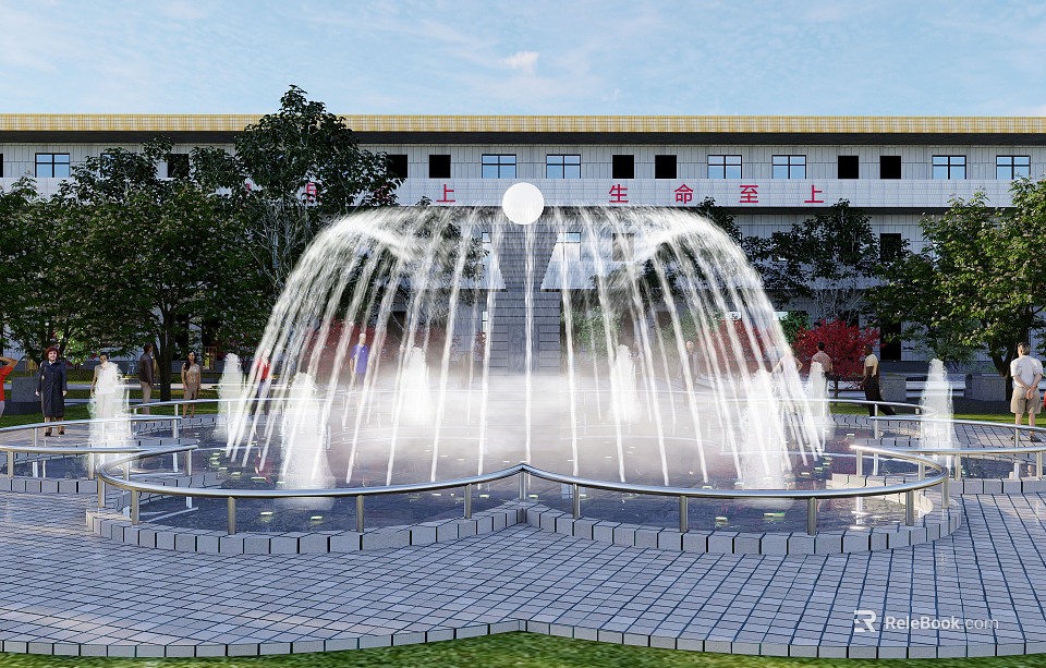Contemporary Commercial Complex Plaza Featuring Central Fountain Greenery And Modern Architecture 3d model 