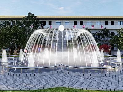 Contemporary Commercial Complex Plaza Featuring Central Fountain Greenery And Modern Architecture 3d model