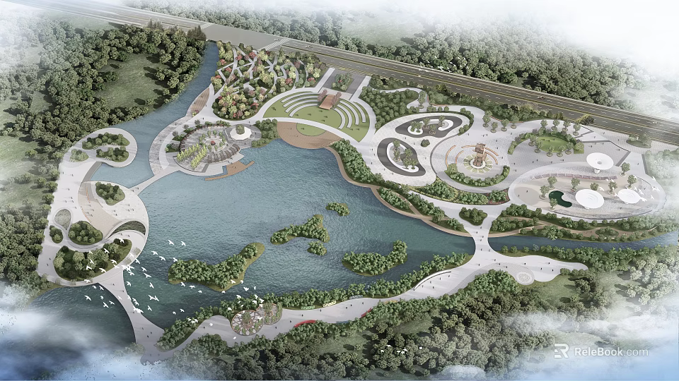 Ecological Waterfront Park Design Featuring Natural Lakes Green Paths And Circular Recreational Spaces 3d model 