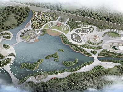 Ecological Waterfront Park Design Featuring Natural Lakes Green Paths And Circular Recreational Spaces 3d model